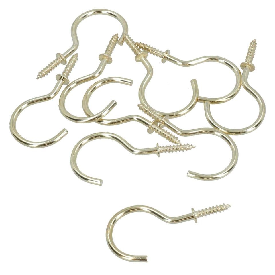 image 1 of 50mm Cup Hook Screws Picture Curtain Hangers Fasteners Brass Coated 10pc