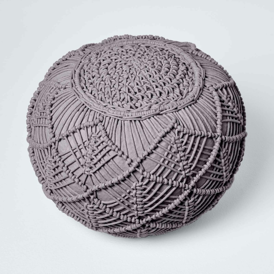 image 1 of Homescapes Grey Macrame Knitted Pouffe - 40 x 50 cm