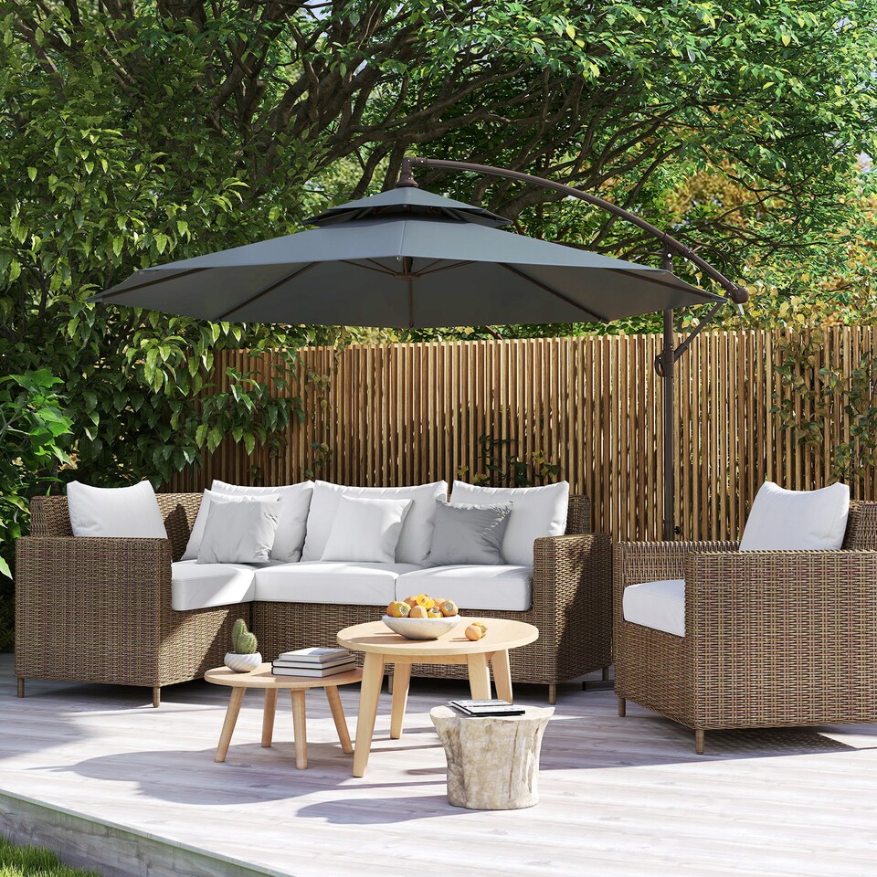 image 1 of Outsunny 2.7m Garden Banana Parasol Cantilever Umbrella with Crank Handle, Double Tier Canopy and Cross Base for Outdoor, Hanging Sun Shade, Dark Grey
