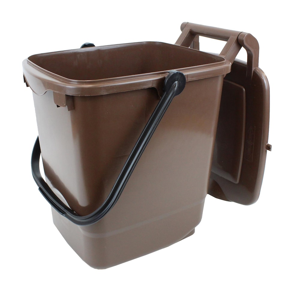 image 1 of Large Compost Caddy - Brown - for Food Waste Recycling (23 Litre) - 23L Plastic Composting Kerbside Bin with Composting Guide