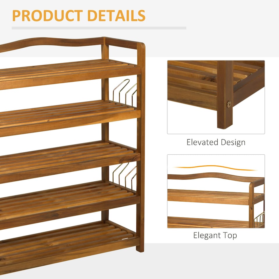 image 1 of HOMCOM 5-Tier Shoe Rack Acacia Wood Shoe Storage Shelf for Entryway Bedroom Teak