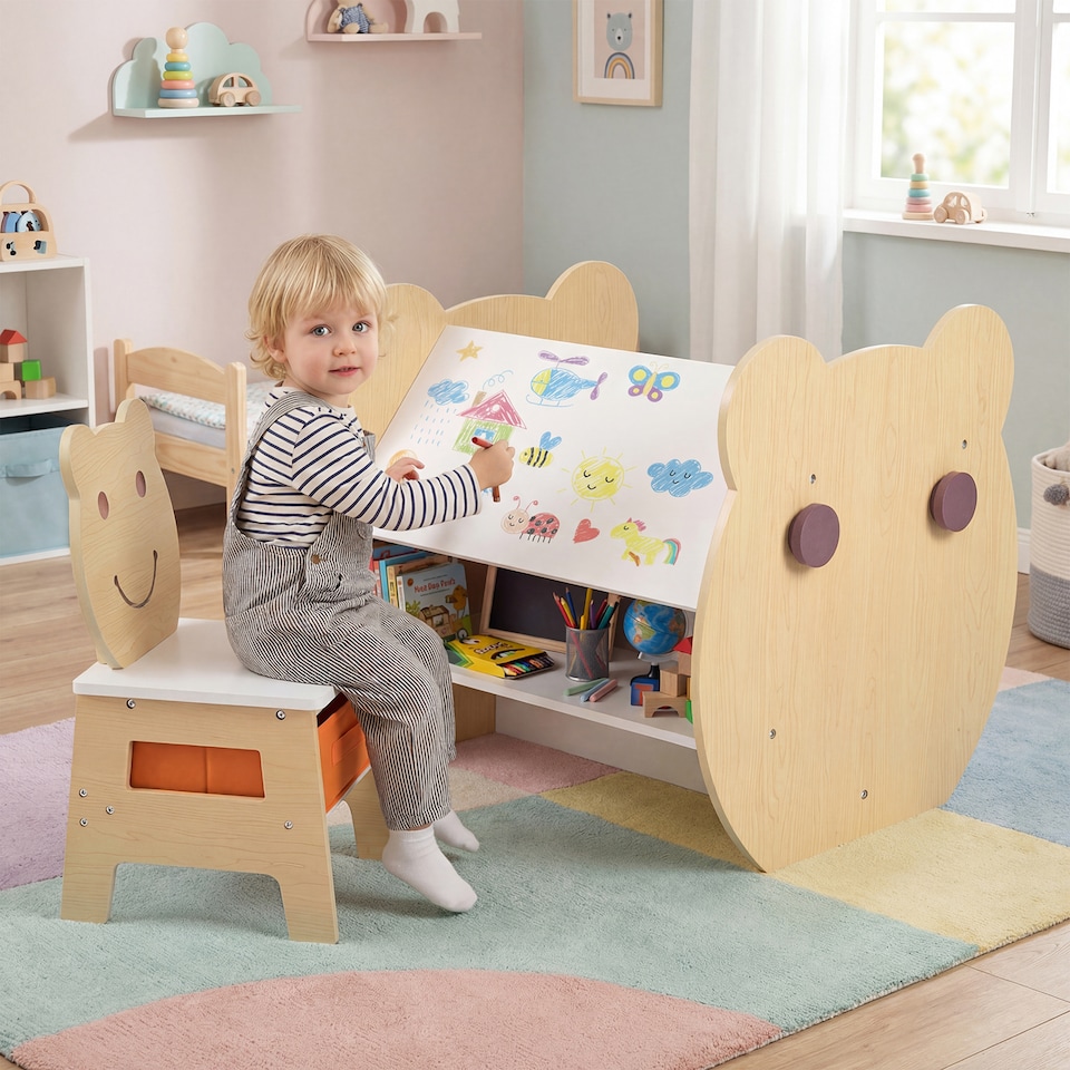 image 1 of COSTWAY Kids’ Art Table & Chair 3-in-1 Toddler Activity Table w/ Storage