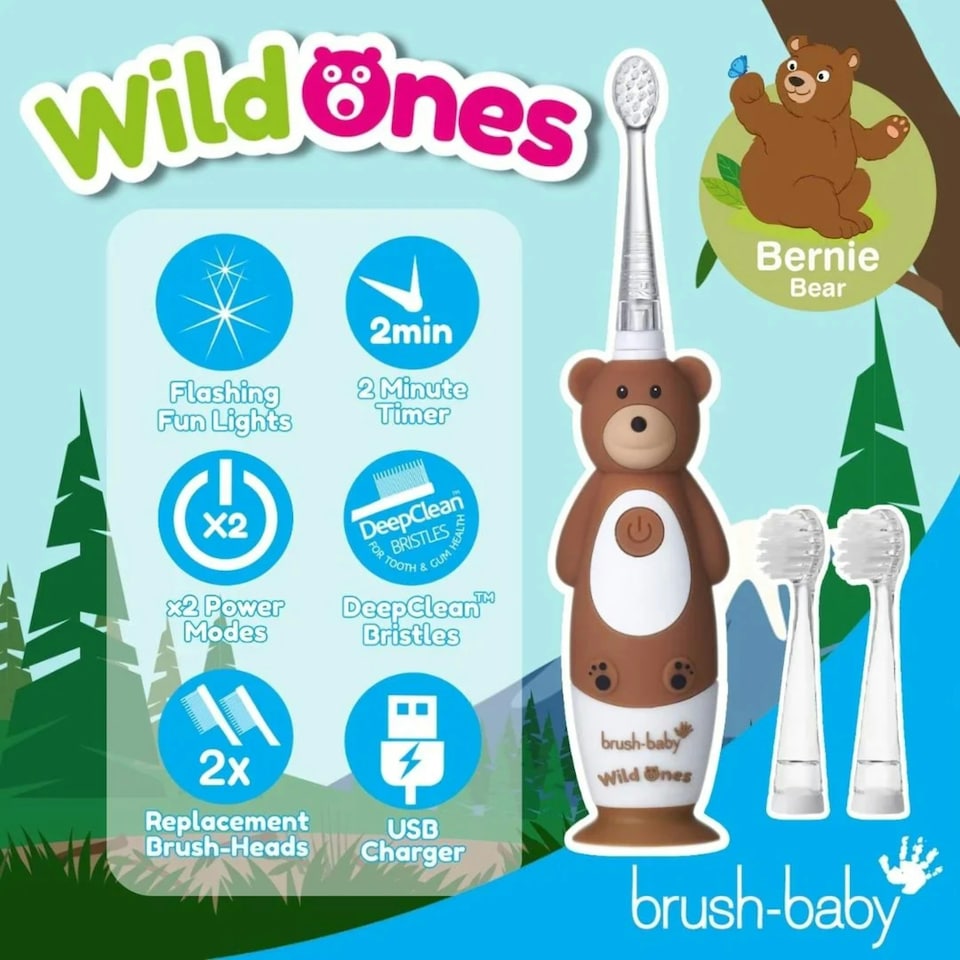 image 1 of Brush Baby WildOnes™ Bear Kids Electric Rechargeable Toothbrush & Applemint Toothpaste