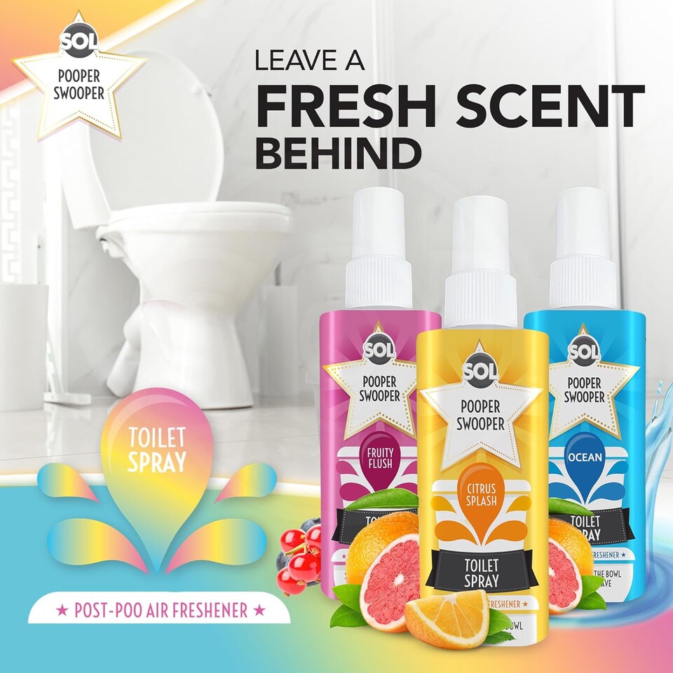image 1 of 3pk x 60ml Pooper Swooper Toilet Spray – Citrus, Fruity & Ocean Scents, 1000+ Sprays Each, Travel-Friendly Odour Neutraliser for Home & Bathrooms