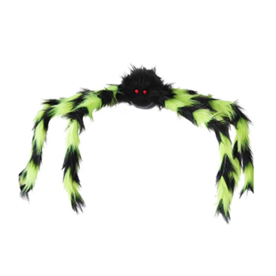 image 1 of Furry Green & Black Spider Halloween Decoration 19cm