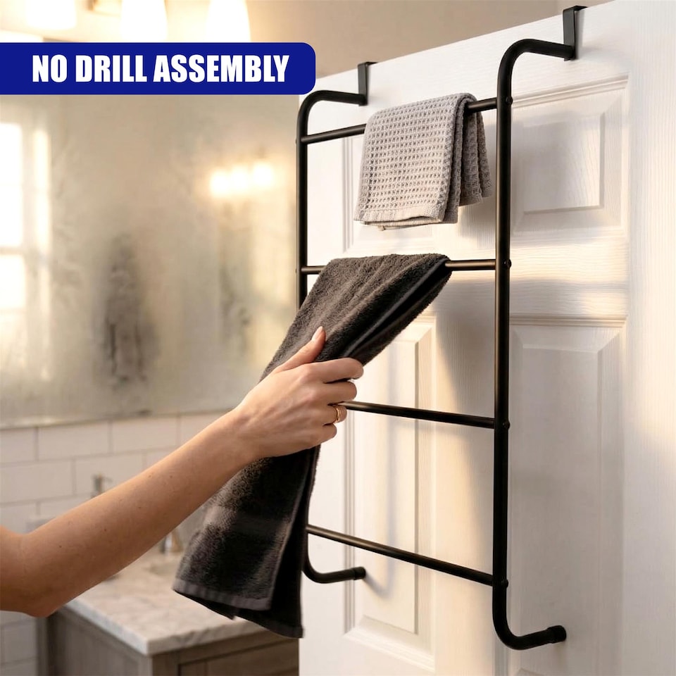 image 1 of GEEZY Over Door Towel Rail with 4 Bars Bathroom Organiser Rack Modern Steel Design