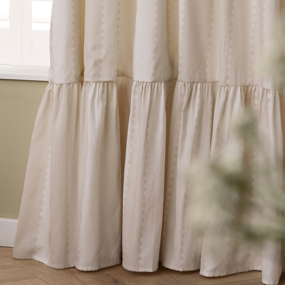 image 1 of Furn Birdie Stripe Fully Lined Ruffle Pencil Pleat Curtain Pair, Natural, (W) 168cm x (D) 183cm