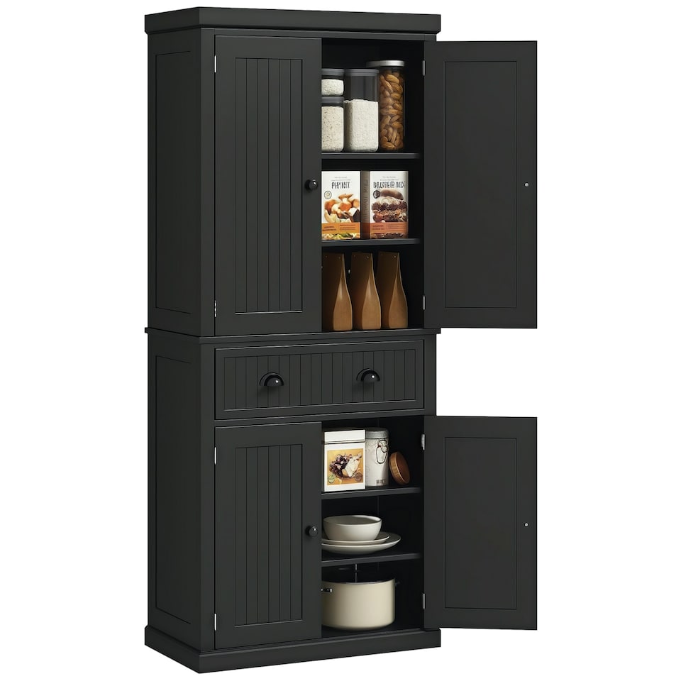 image 1 of HOMCOM 183cm Freestanding Kitchen Cupboard, Tall Storage Cabinet with 4 Doors and 3 Adjustable Shelves, Traditional Kitchen Pantry Cupboard for Dining Room, Black