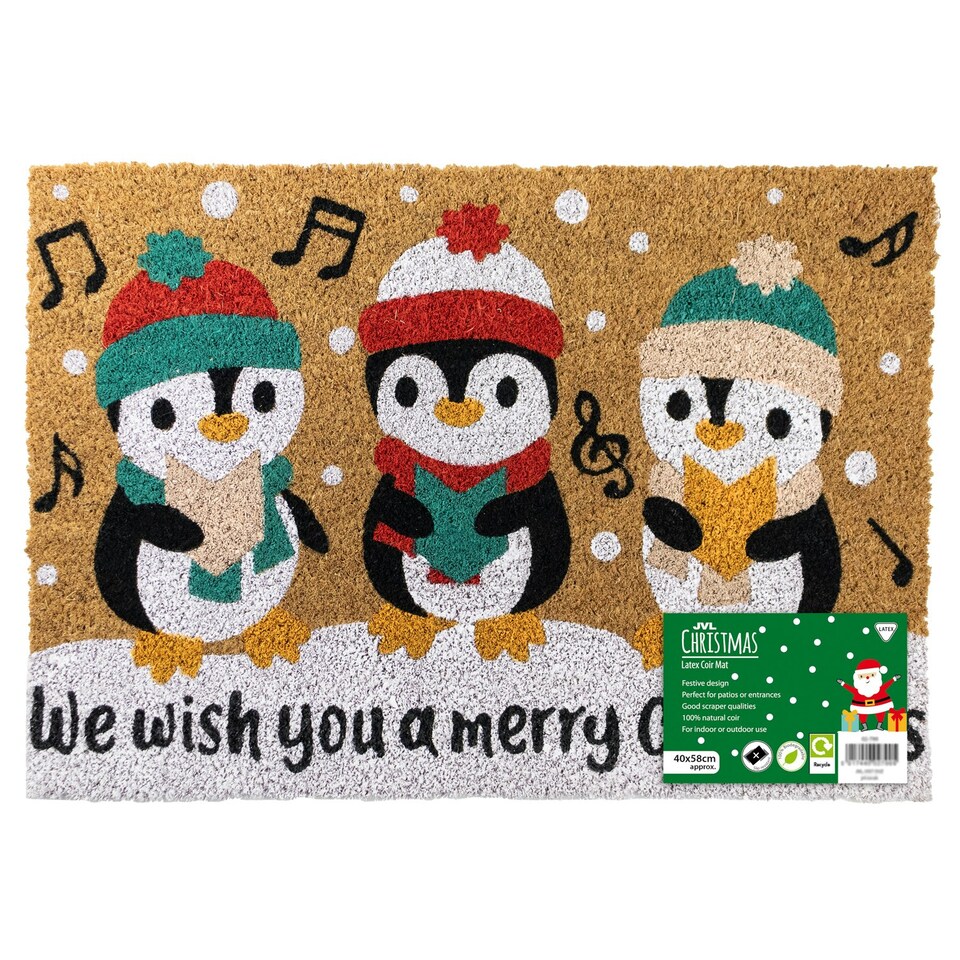 image 1 of JVL Festive Christmas Coir Doormat with Latex Back 40x58cm, Penguins