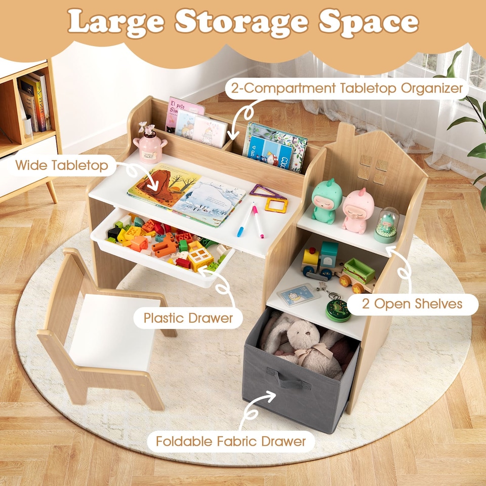 image 1 of COSTWAY Kids Study Desk and Chair Set Children Table Natural