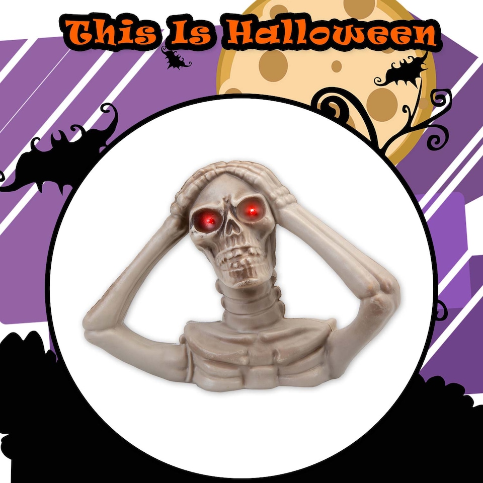 image 1 of PMS Halloween Skeleton Bust with LED Eyes - Hands on Head, 18 x 24 cm