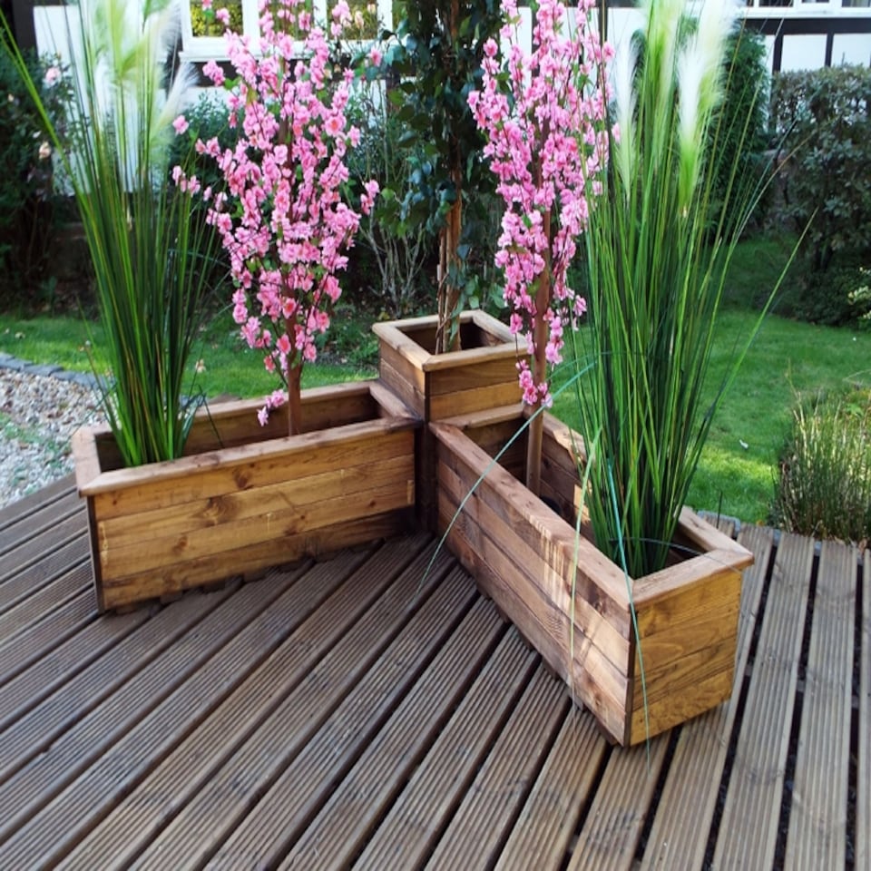 image 1 of Three Piece Corner Planter Set, Wooden Garden Pots/Tubs for Plants - W130 x D130 x H38.5 - Fully Assembled | Brown