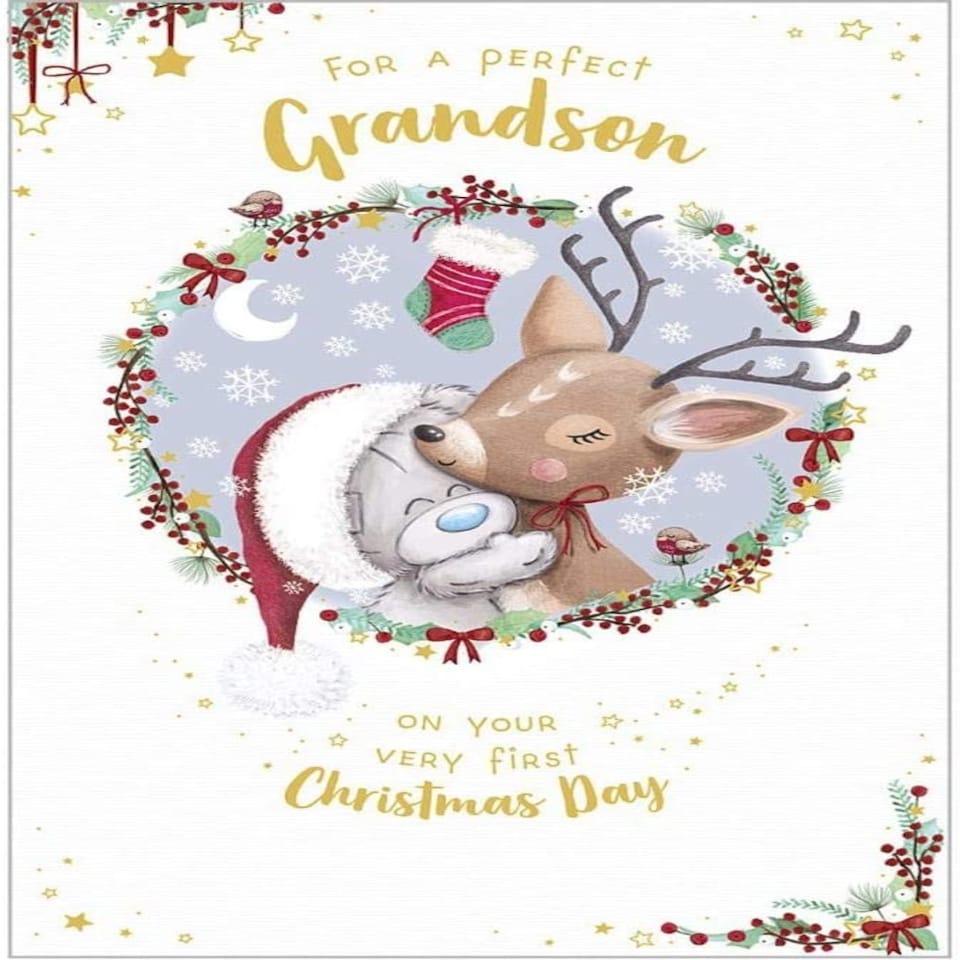 image 1 of Bear Hugging Reindeer Grandson 1st Christmas Card