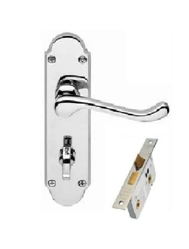 image 1 of Golden Grace Epsom Design Victorian Scroll Bathroom Door Handles on Backplate in Polished Chrome with Mortise Lock Set with 1 Pair of 3" Hinges - 170mm X 40mm | Chrome | 1 Set