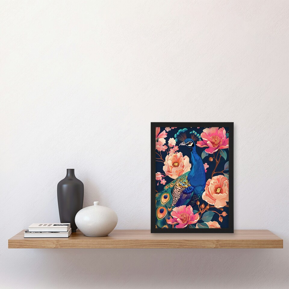 image 1 of Peacock Bird Pink Flower Pattern Living Room Black Framed Wall Art Print A4