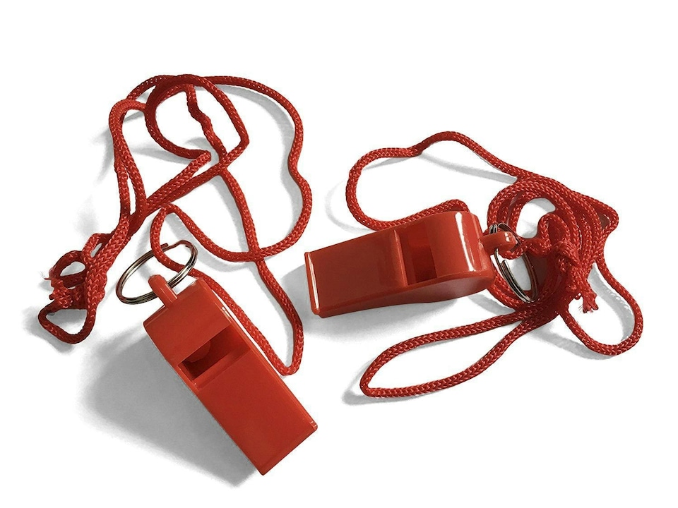 image 1 of Bag of 100 Red Plastic Whistles with Lanyard Neck Cord