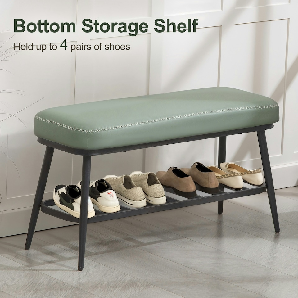 image 1 of HOMCOM Shoe Bench, PU Leather Shoe Storage Bench for Entryway, Green Green | Black