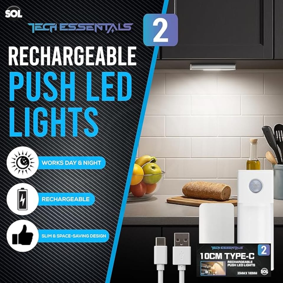 image 1 of 2pk 10cm Type-C Rechargeable Push LED Lights – Wireless Motion Sensor Strip Lights for Cupboards, Closets, Drawers, Shelves & Kitchen
