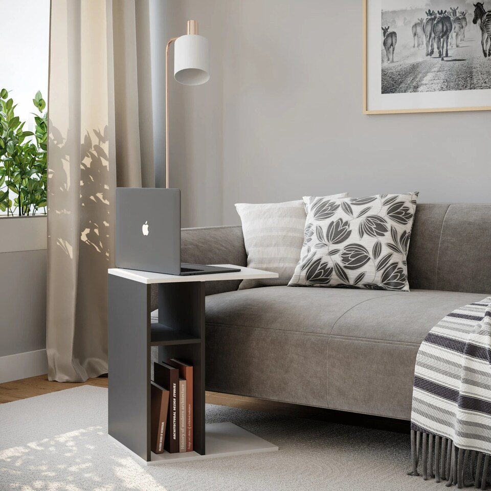 image 1 of C-Shape Side Wooden Table End Coffee Bedside Nightstand Laptop Snack Living Room | Multi | White/Black