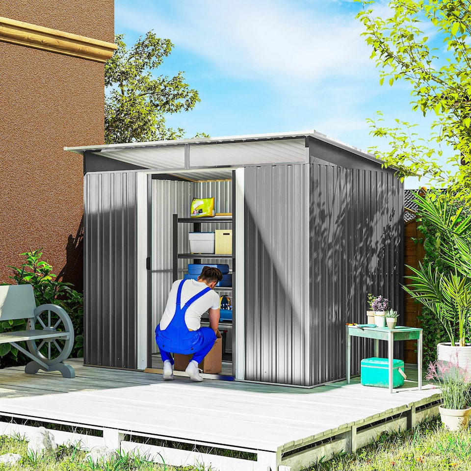 image 1 of Outsunny Garden Shed Outdoor Storage Tool Organizer w/ Double Sliding Door Grey
