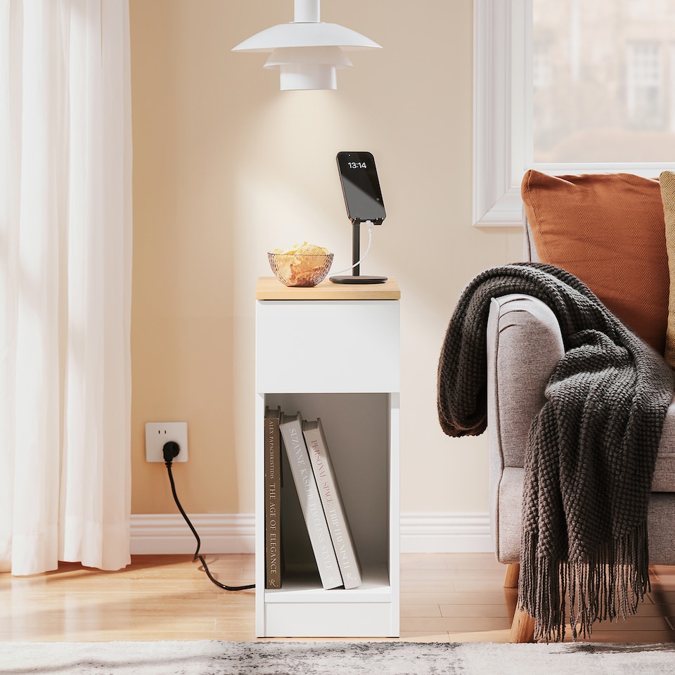 image 1 of SoBuy FBT111-WN Slim Bedside Table Bedside Cabinet Narrow Side Table Nightstand with Drawer and Shelf for Bedroom