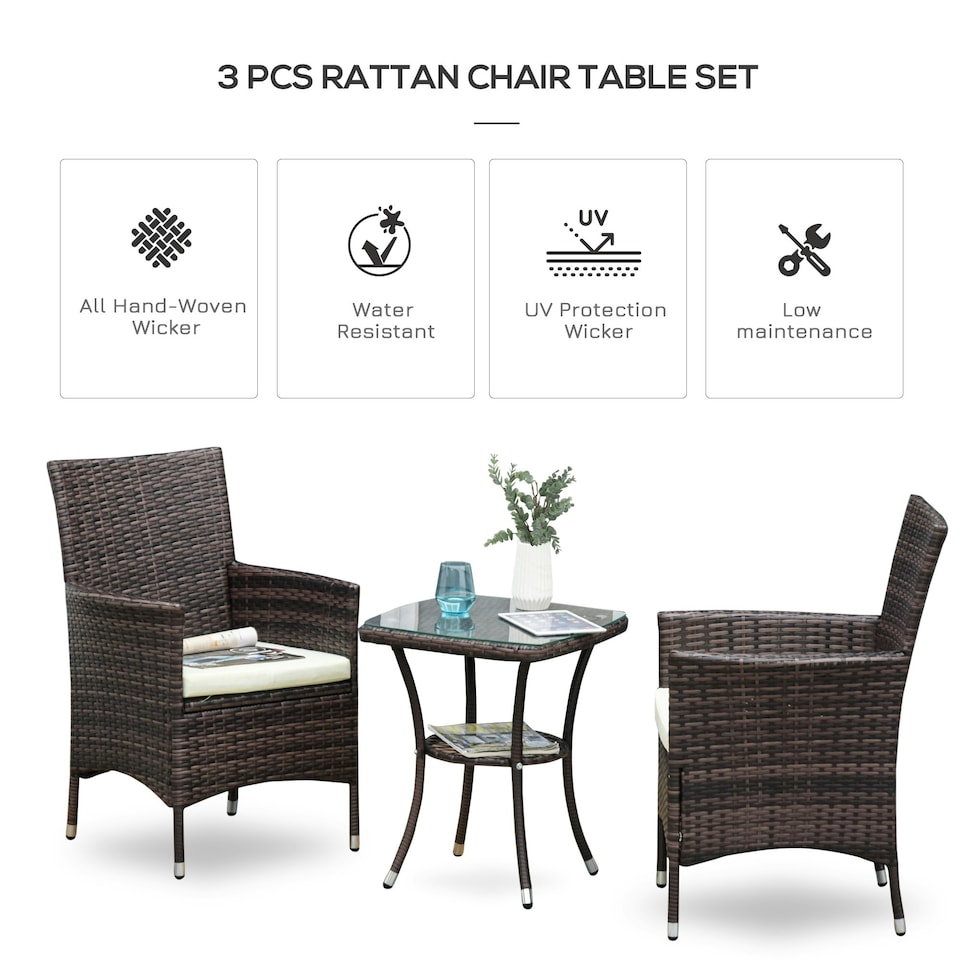 image 1 of Outsunny Rattan Bistro Set Garden Chair Table Patio Outdoor, Brown