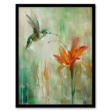 Daylily Flower Hummingbird Orange Green Black Framed Wall Art Print A4