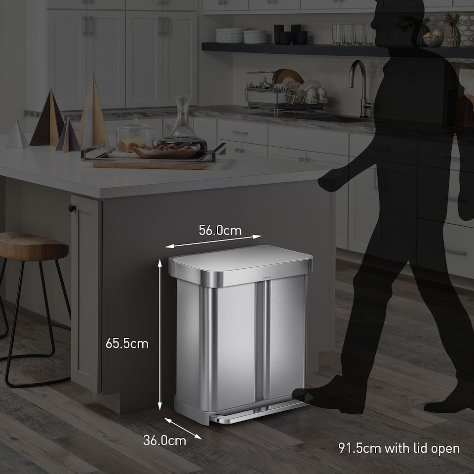 image 1 of Simplehuman 58L Recycling Rectangular Pedal Bin with Liner Pocket, Brushed Stainless Steel
