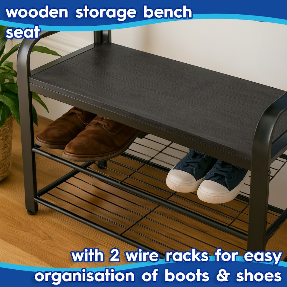 image 1 of Harbour Housewares Curved Steel Coat Rack with Shoe Storage Bench - Coat Rack Coat Stand Hat Stand Hooks Shoe Storage Clothing Rail Unit S