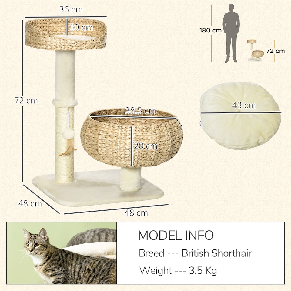 image 1 of PawHut 72cm Cat Tree with 2 Beds, Cat Tower with Scratching Post, Toy Ball for for Indoor Kittens - Beige