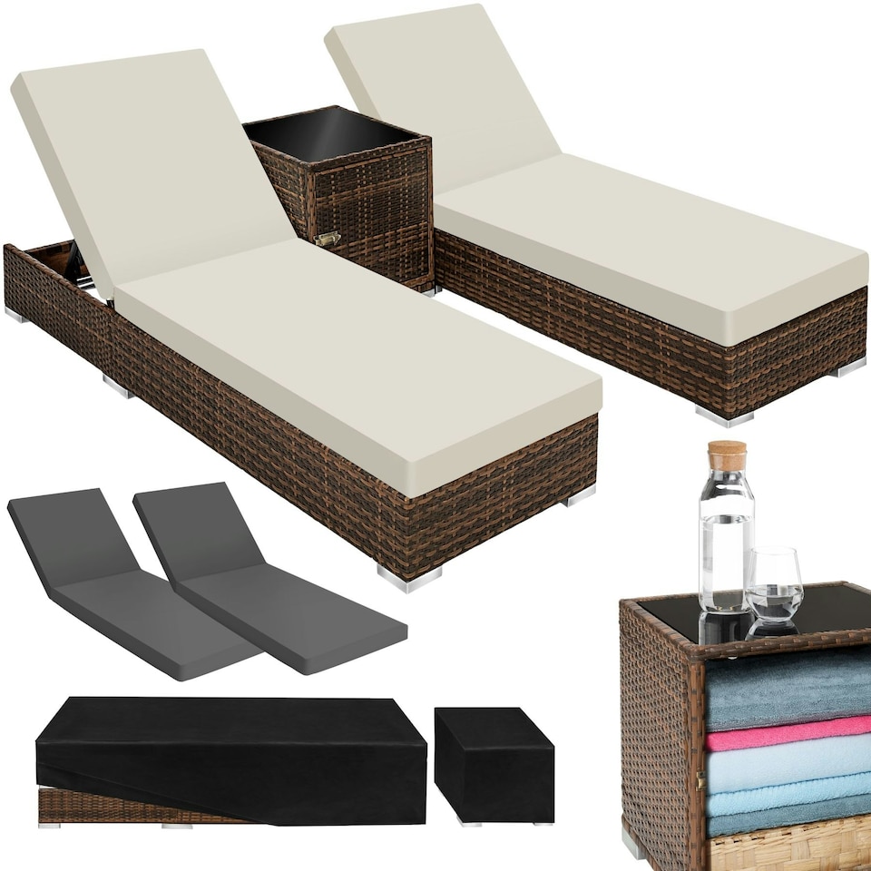 image 1 of Sun Lounger Set - 2 loungers, 1 side table, aluminium frame, adjustable backrest, rain cover Brown