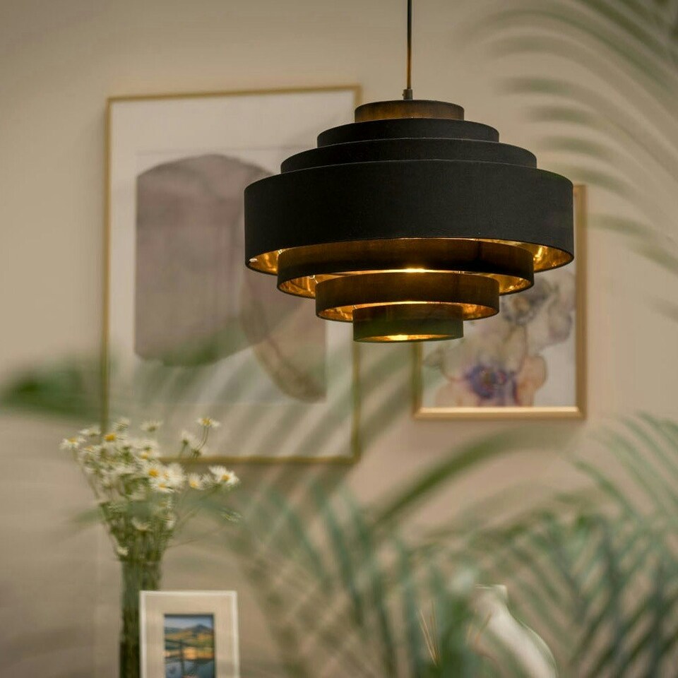 image 1 of ValueLights Sette Fabric Textured Black Tiered Ceiling Pendant Shade