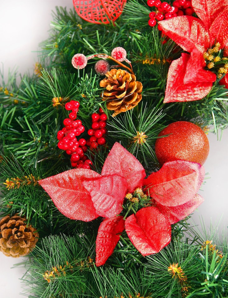 image 1 of Best Artificial Christmas 9ft Red Decorated Garland with 80 Warm White Battery Lights
