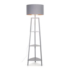 ValueLights Grey Wooden 3 Tier Floor Standard Lamp with Storage Shelves- Grey/Copper Shade + LED Bulb | Grey