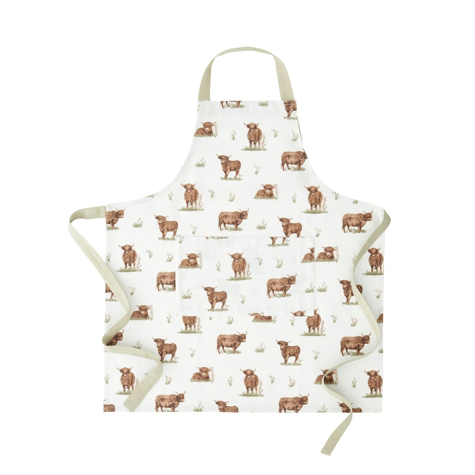 image 1 of Catherine Lansfield Angus Highland Cow Cotton Kitchen Adult Apron Natural Cream | Natural