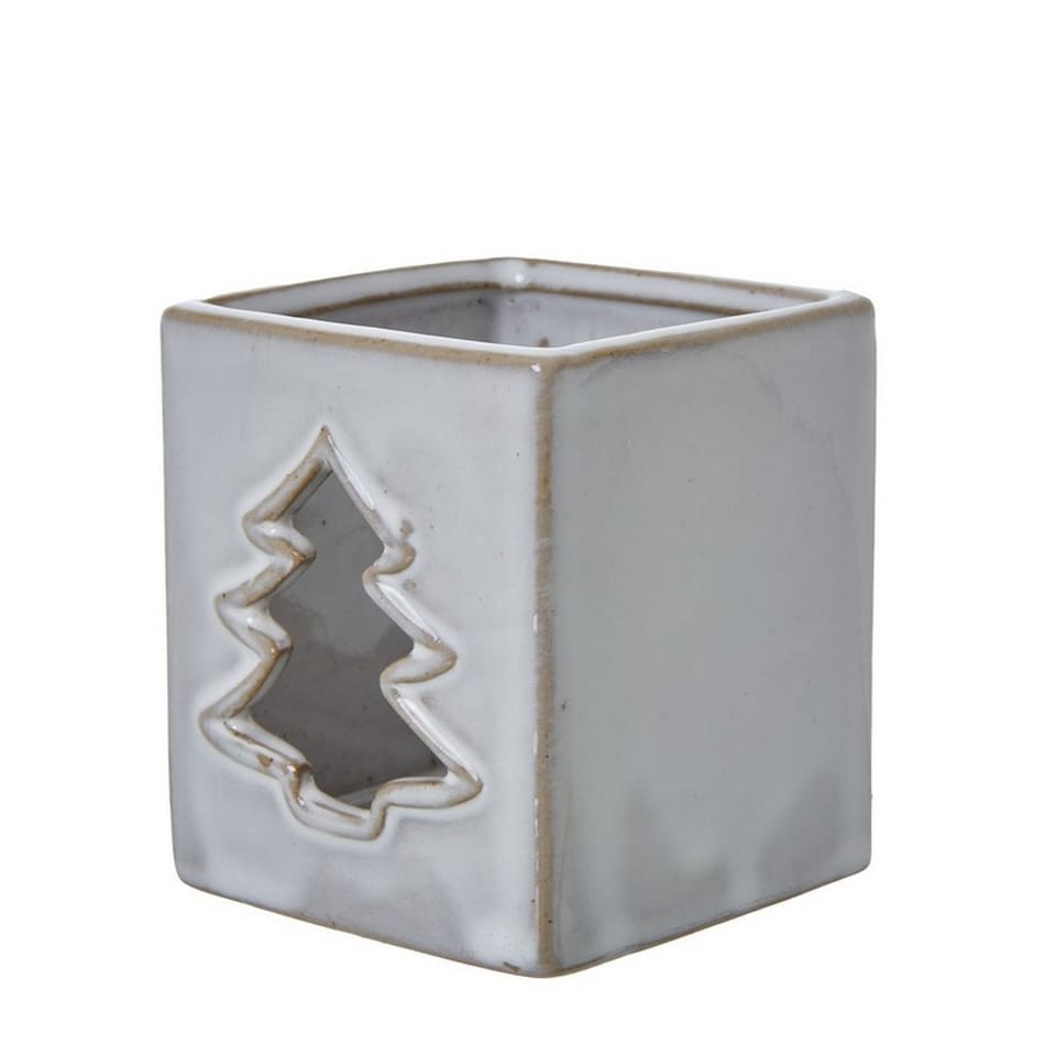 image 1 of Tree Cut-Out Square Tealight Holder - Ceramic - L7 x W7 x H8 cm - White