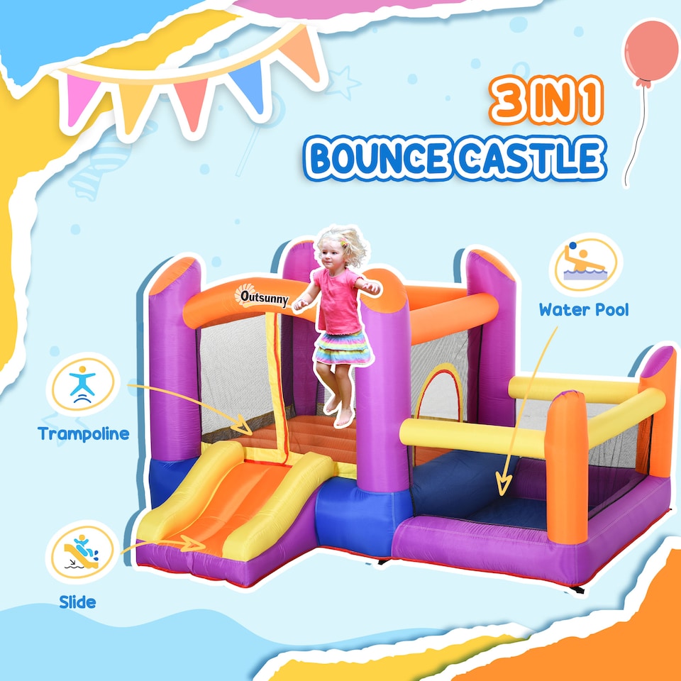 image 1 of Outsunny Bouncy Castle with Slide Pool House Inflatable w/ Blower Multi-color