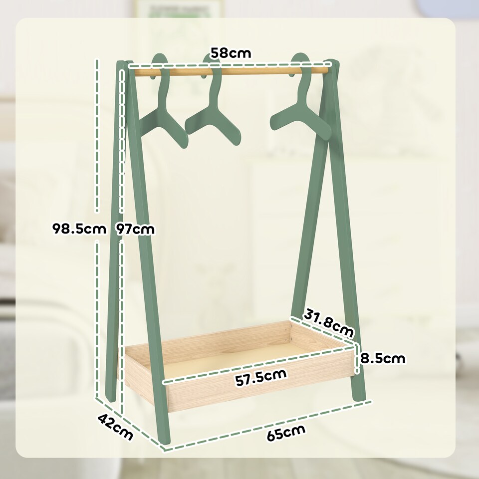 image 1 of AIYAPLAY Kids Clothes Rail with Hangers, Base Shelf for Girls, Boys, Green