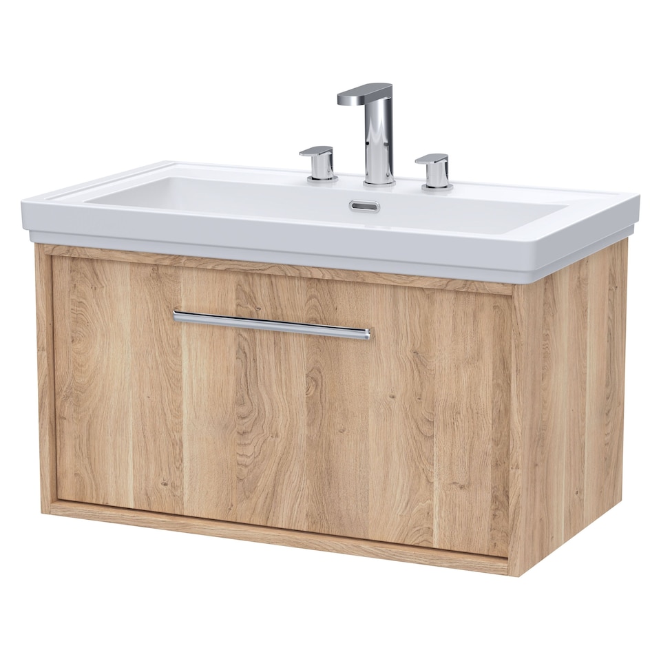 image 1 of Balterley Sturbridge Contemporary 1 Drawer Wall Hung Vanity Unit with Traditional 3 Tap Hole Fireclay Basin , 800mm, Bleached Oak