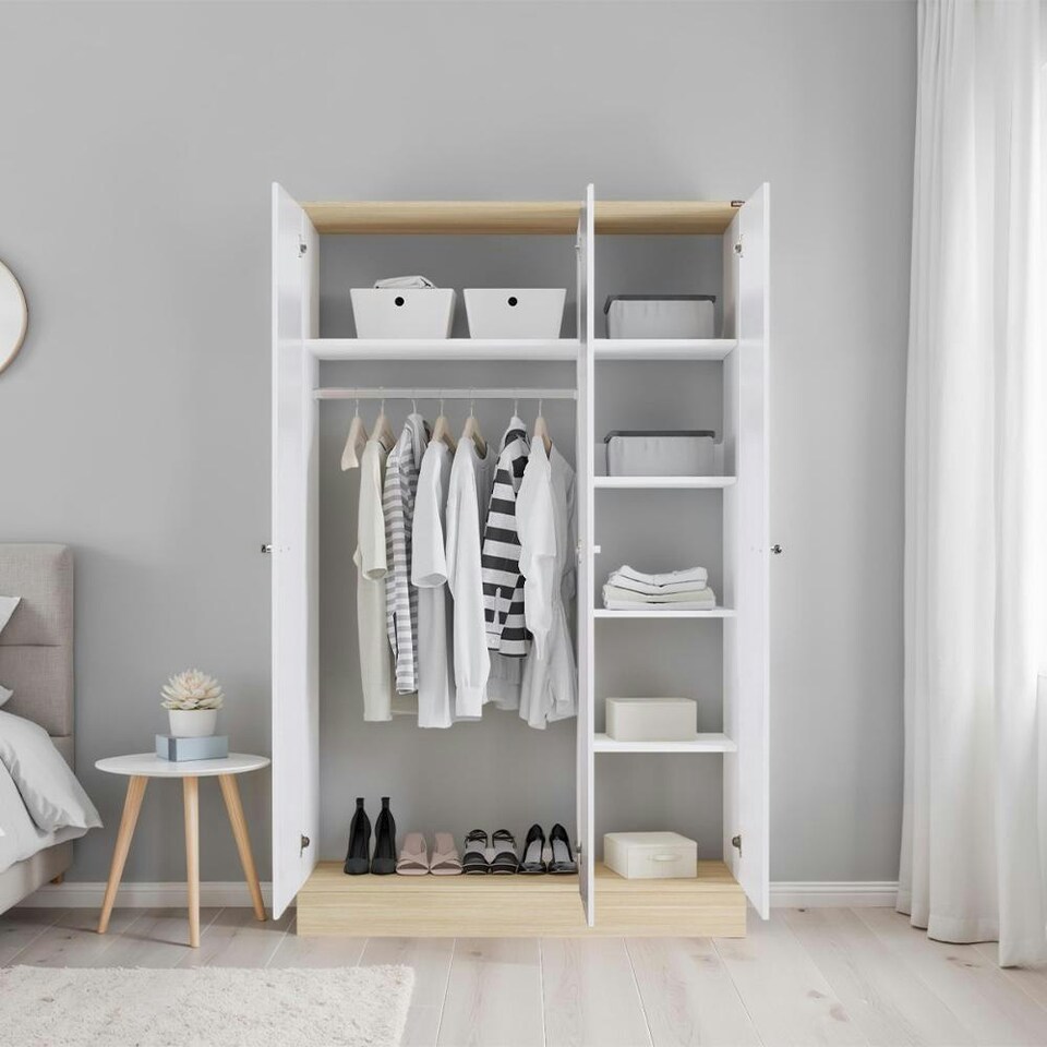 image 1 of Adore Teen White & Oak 3 Door Wardrobe with Shelves White