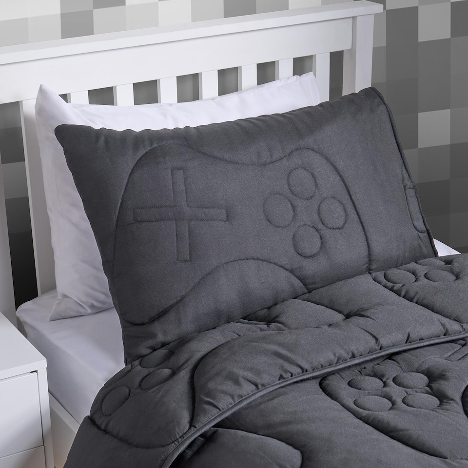 image 1 of OHS Quilted Embossed Patterned Soft Plump Coverless 7.5 Tog Washable Duvet Cover and Pillowcase Bedding Set | Grey | Charcoal Gaming | Single