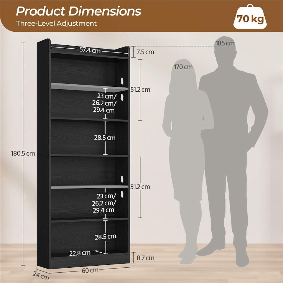 image 1 of Yaheetech 7-layer Open Shelf Bookshelf-Black