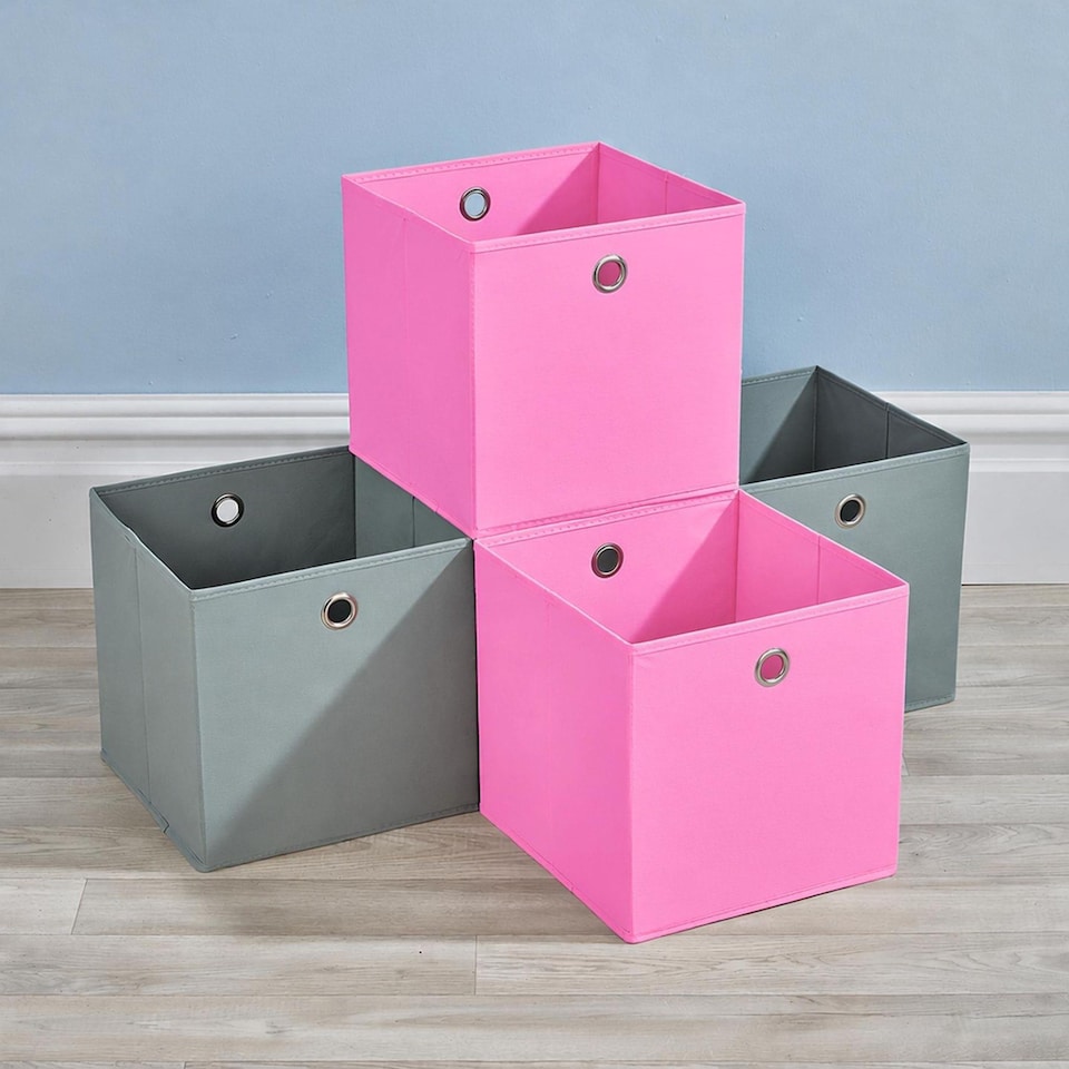 image 1 of Folding Square Storage Utility Box Drawer 4 Piece Fabric Cube Set | Multi | Pink and Grey