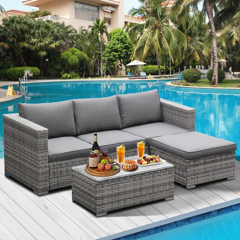 image 1 of 3-Piece Rattan Garden Corner Sofa Set with Coffee Table & Washable Cushions