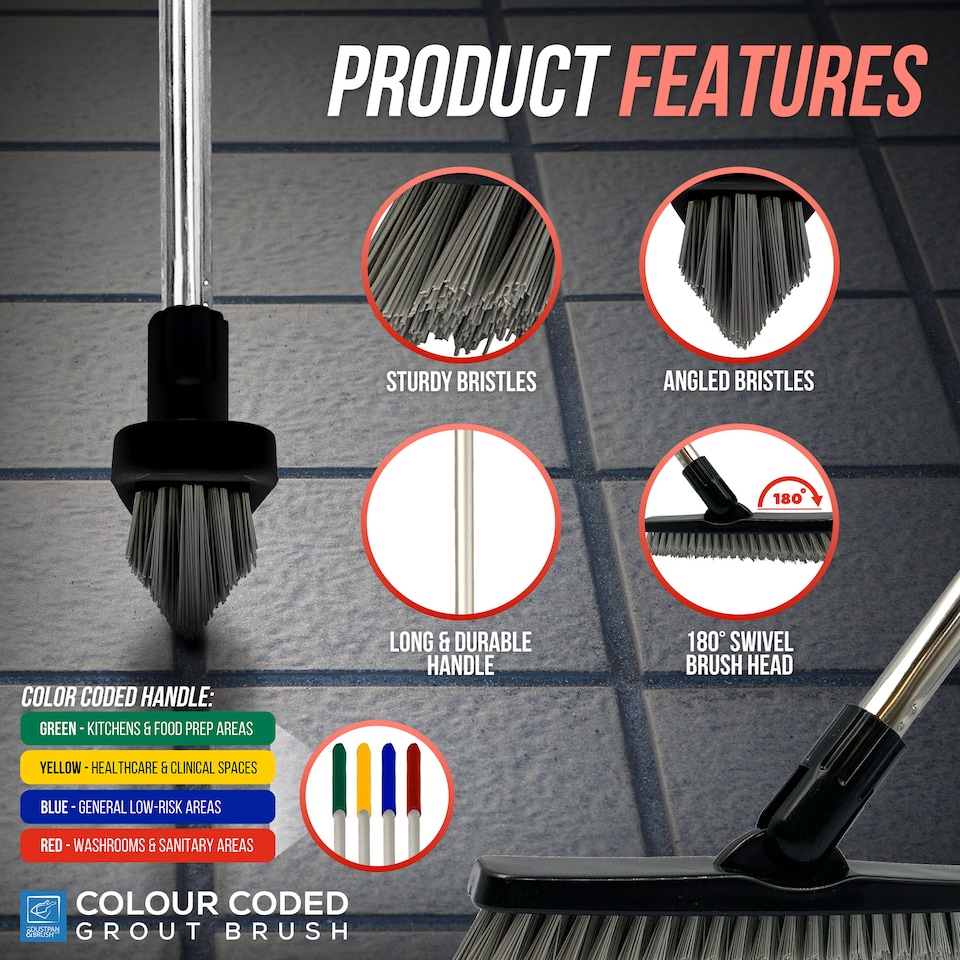 image 1 of Colour-Coded Angled Grout Brush with Handle 180° Swivel Tile & Corner Scrubber