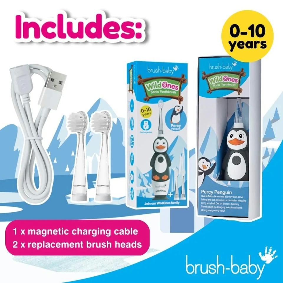 image 1 of Brush Baby WildOnes™ Penguin Kids Electric Rechargeable Toothbrush & Applemint Toothpaste