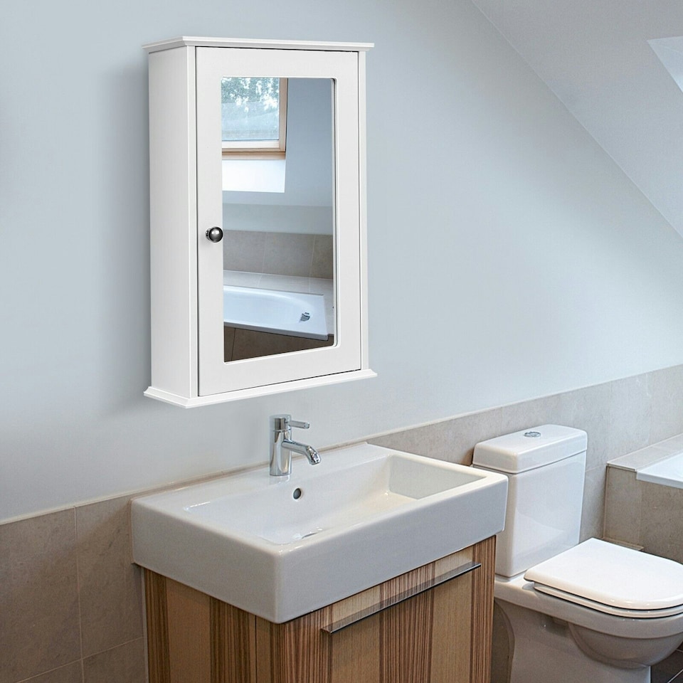 image 1 of COSTWAY Bathroom Mirror Cabinet Wall Mounted Storage White White
