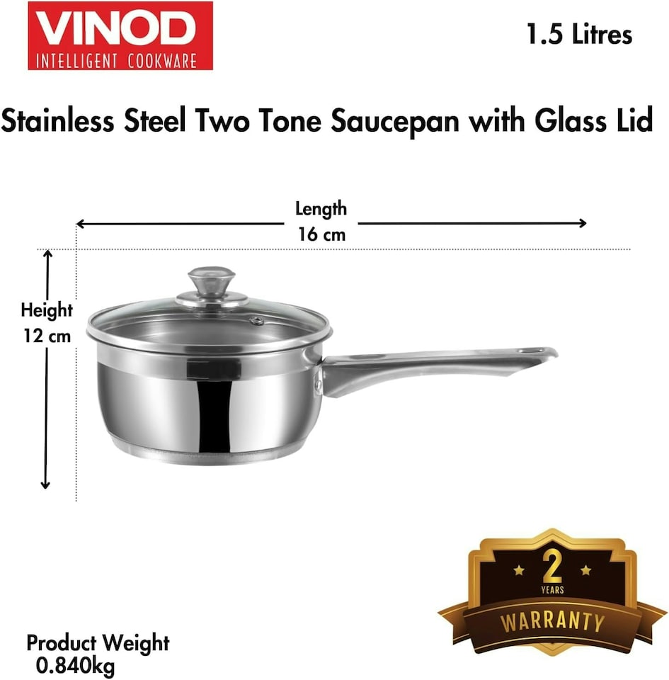 image 1 of Vinod Cookware Two Tone Stainless Steel Saucepan with Glass Lid - Steam Vent, Sturdy Handle Induction Bottom (16cm , 1.5 ltr) | Multi