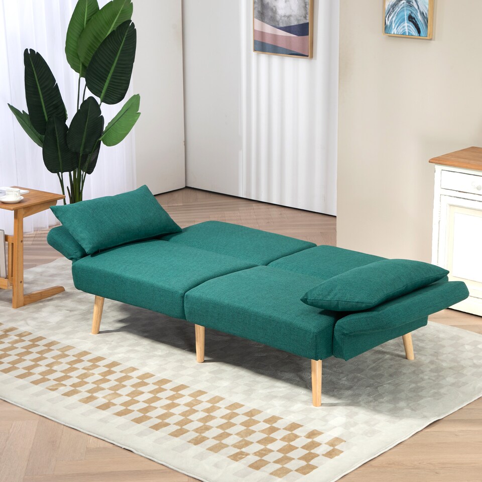 image 1 of HOMCOM Click Clack Sofa Bed, 3 Seater Sofa, Convertible Bed Settee, Modern Fabric Loveseat Sofa Couch with 2 Cushions for Living Room, Guest Room, Green