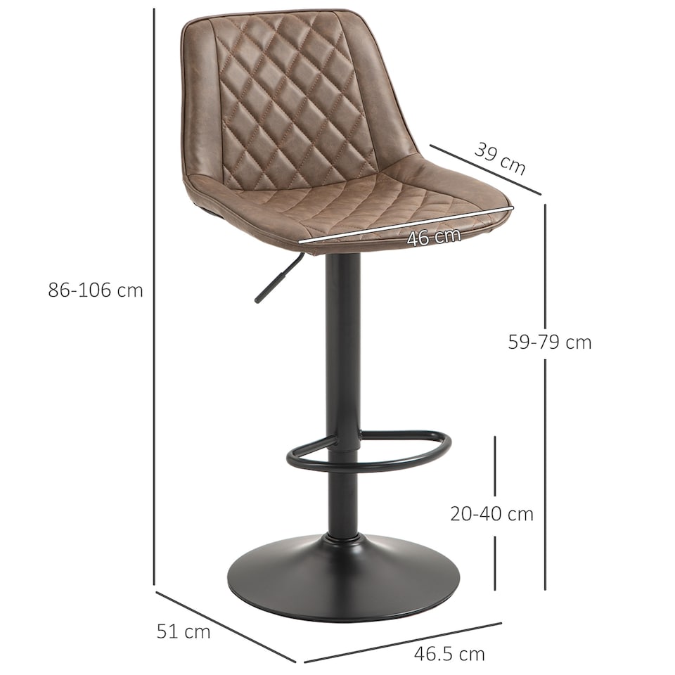 image 1 of HOMCOM Bar Stools Set of 2, Retro Adjustable Kitchen Stool, Swivel PU Leather Upholstered Bar Chairs with Back, Footrest and Steel Base, Brown